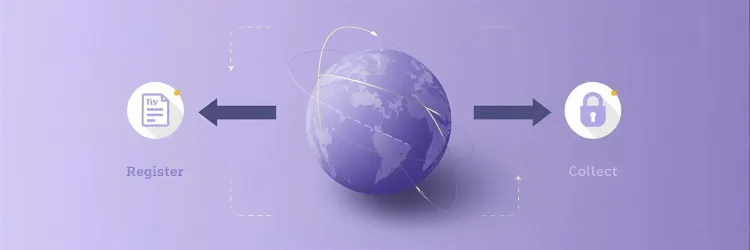A visual illustration showing a global VAT process flow with icons for “Register” and “Collect” connected by arrows around a rotating globe on a purple background.