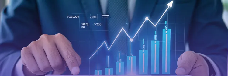 A businessman interacting with a digital tablet displaying holographic bar and line charts representing financial growth and data analysis.