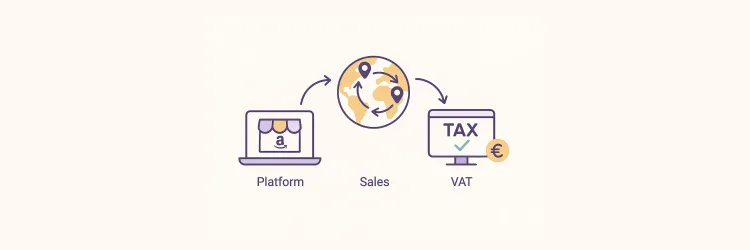 Illustration showing VAT process for online marketplace sellers: platform sales flow from Amazon to international customers with tax collection.
