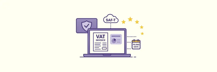 EU VAT e-invoicing and SAF-T compliance illustration showing digital VAT invoice, filing date calendar, security shield, and EU stars for cross-border reporting.