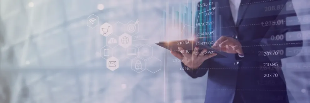 Business professional analyzing digital financial data on a tablet, with icons representing tax, e-commerce, and compliance analytics.
