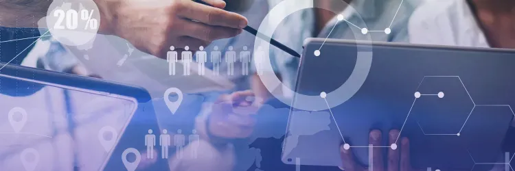 A person uses a tablet while pointing at data visualizations overlaid on the image, including charts, icons, and demographic symbols.