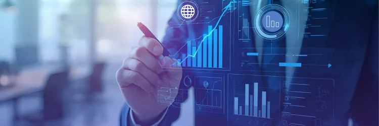 A business professional interacts with a transparent digital dashboard displaying charts, bar graphs, and analytics icons in a modern blue-toned workspace.