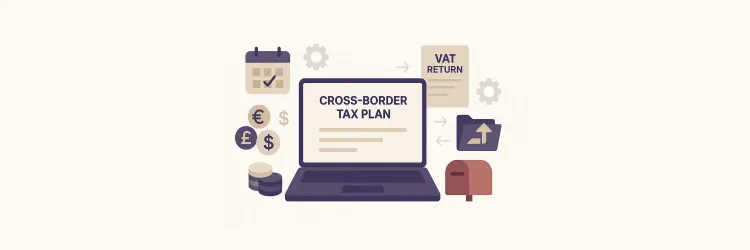 Illustration of cross-border tax planning with laptop, VAT return document, currency symbols, and compliance icons for international business growth.