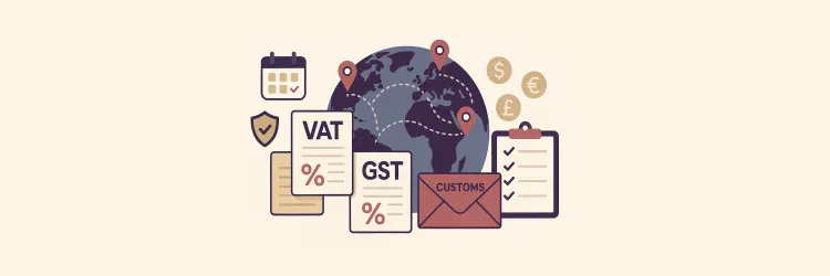 Global sales tax compliance illustration showing VAT, GST, customs, and international e-commerce regulations with world map and checklist.